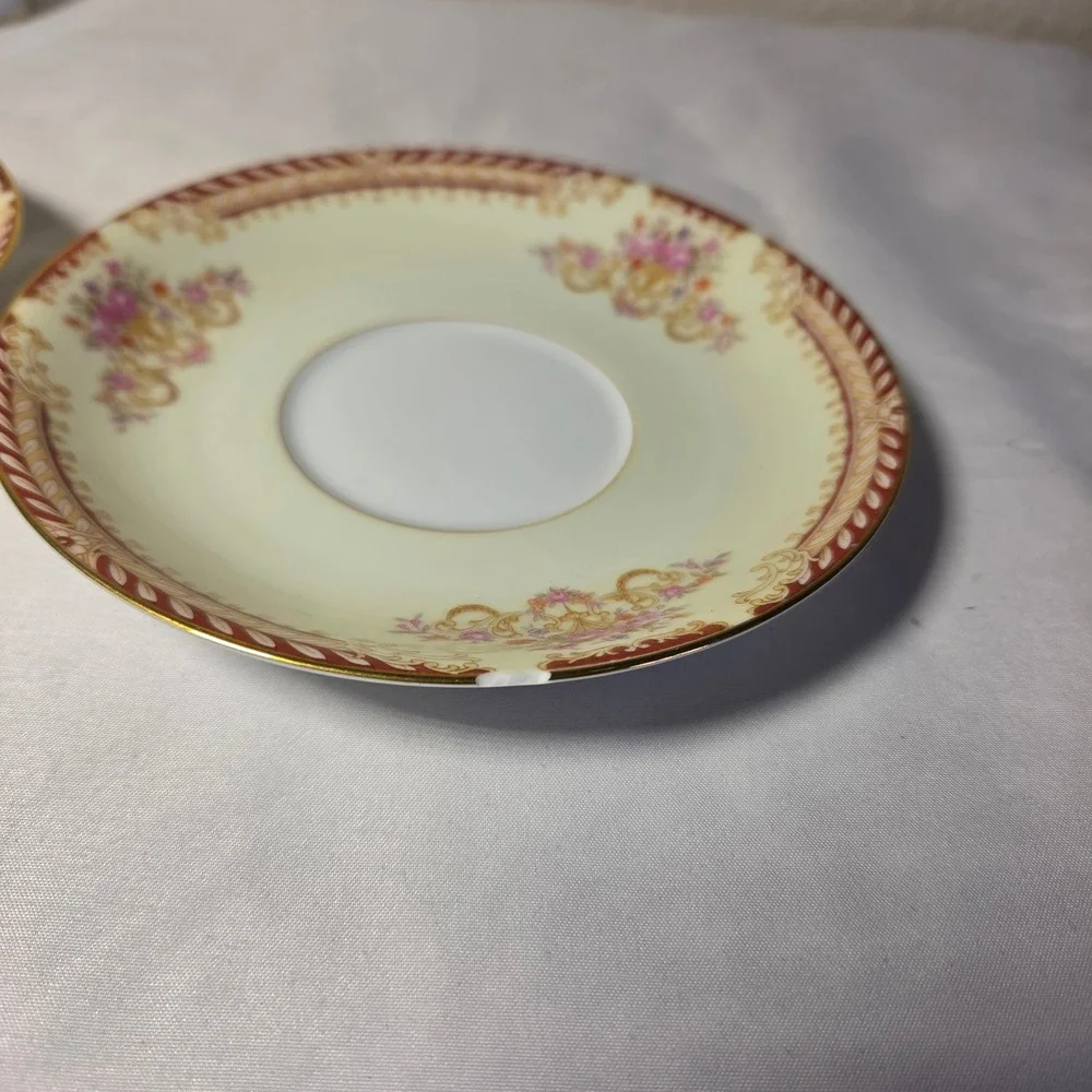 Noritake Vintage Teacup Saucer Set of 2 Floral Gold Trim Burgundy Made in Japan